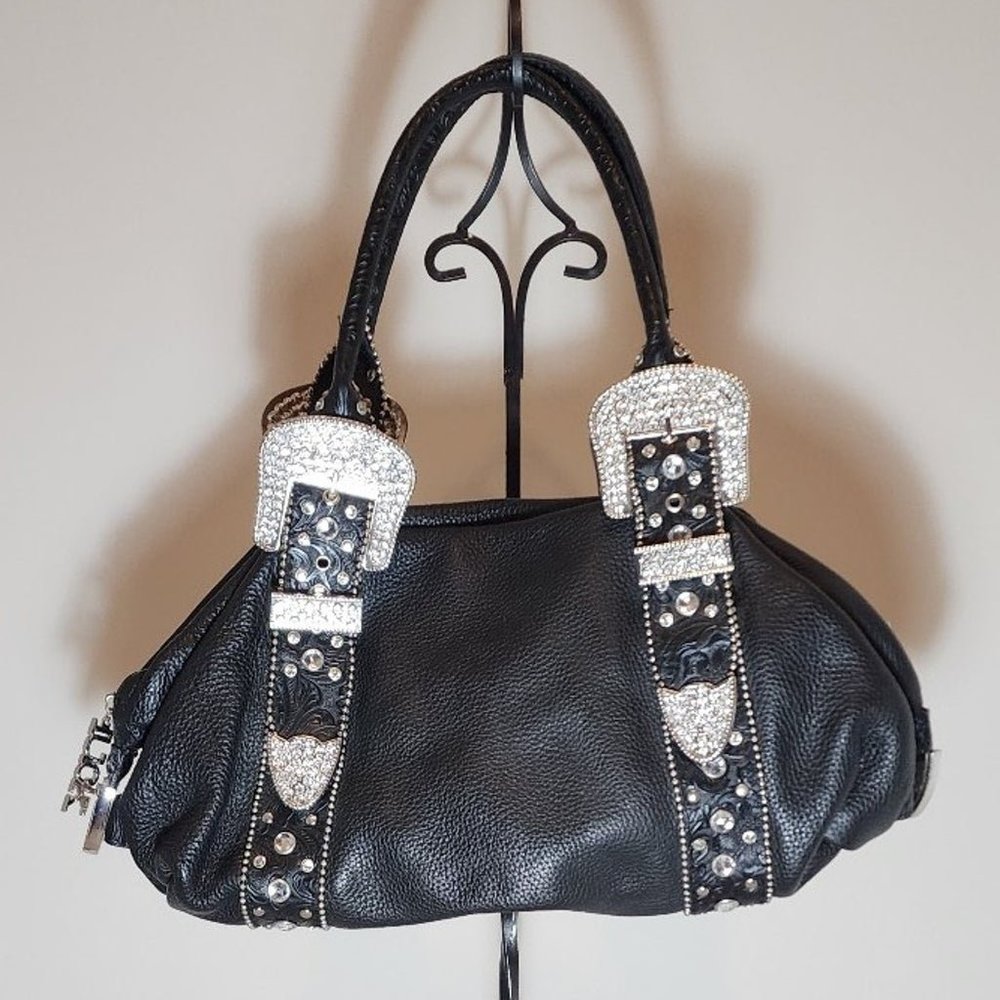 Charm and luck black genuine learher weatern rhinestone buckle handbag